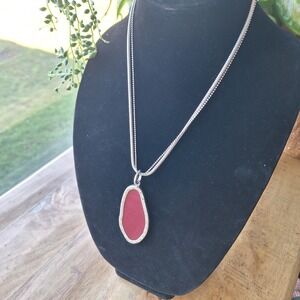 Elegant Silver Tone‎ Snake Chain Necklace with Red Oval Gemstone Pendant